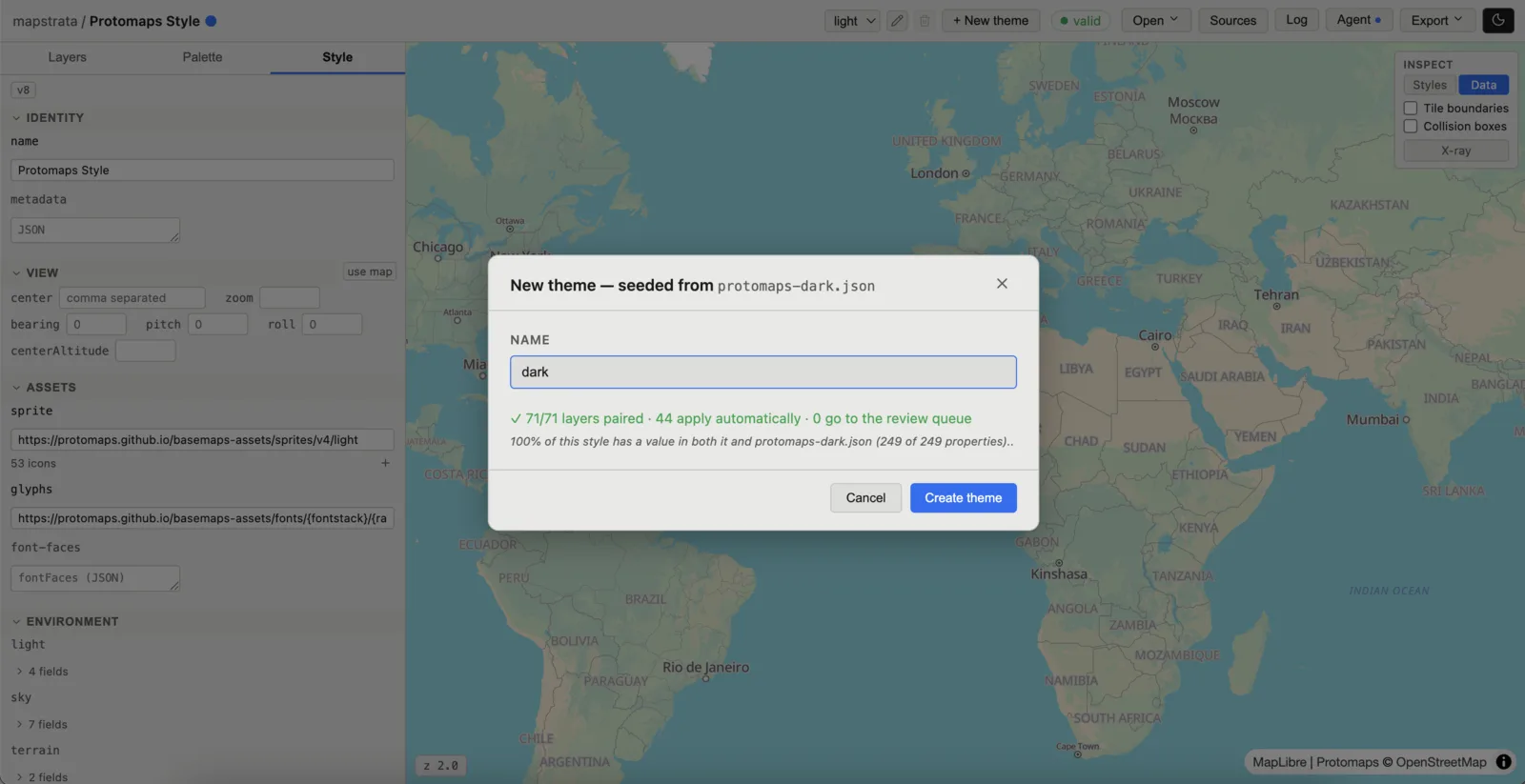 New theme dialog seeded from protomaps-dark.json, reporting 71 of 71 layers paired and nothing sent to the review queue