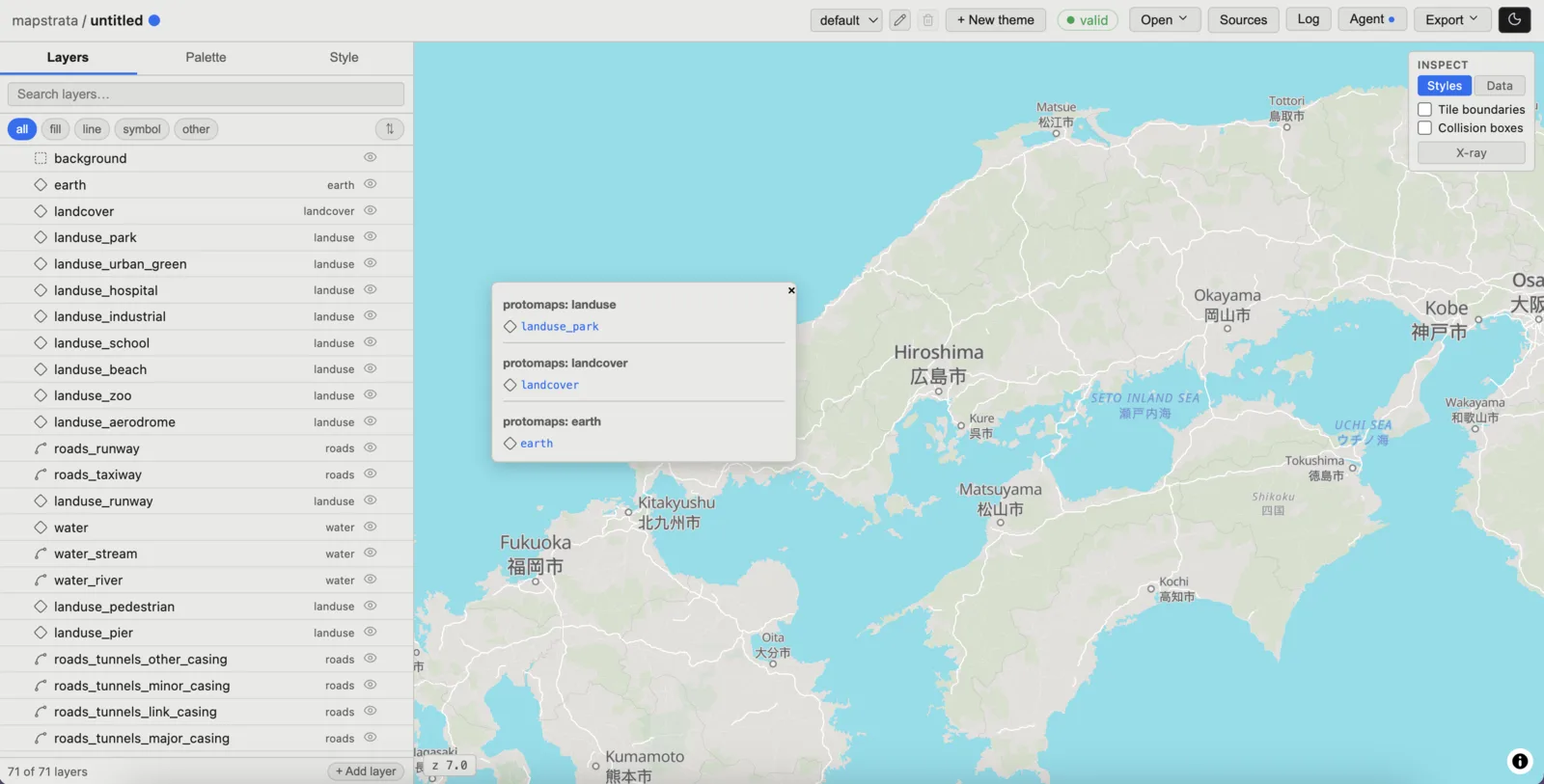 Map inspector popup on the Styles tab, listing the style layers drawing at the clicked point, grouped by source