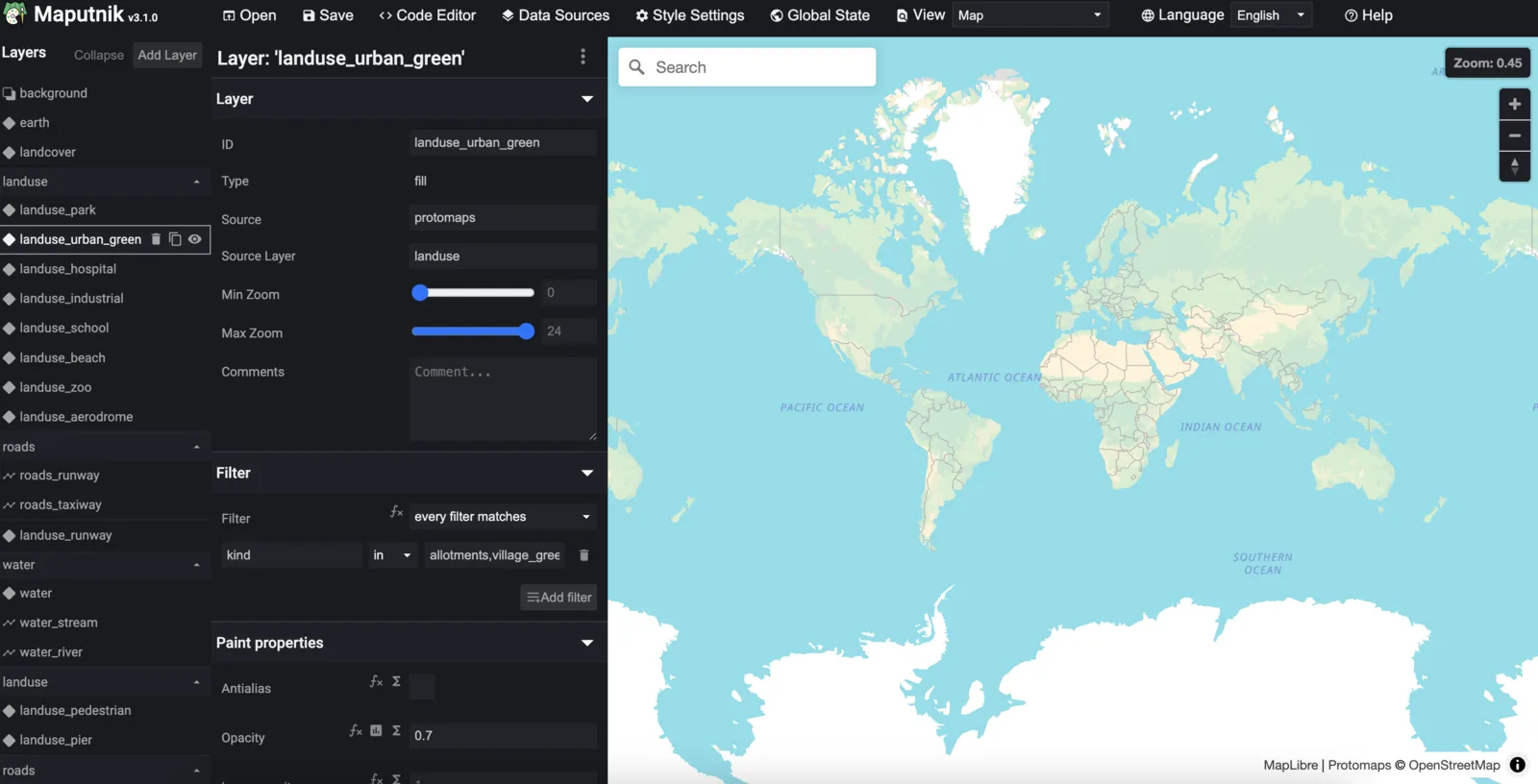 Maputnik style editor: layer property form on the left, map preview on the right