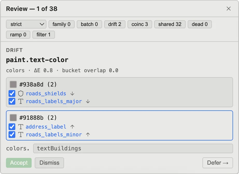 A drift proposal: near-identical greys #938a8d on two label layers and #91888b on two others, measured at delta-E 0.8, to be merged into one variable named textBuildings