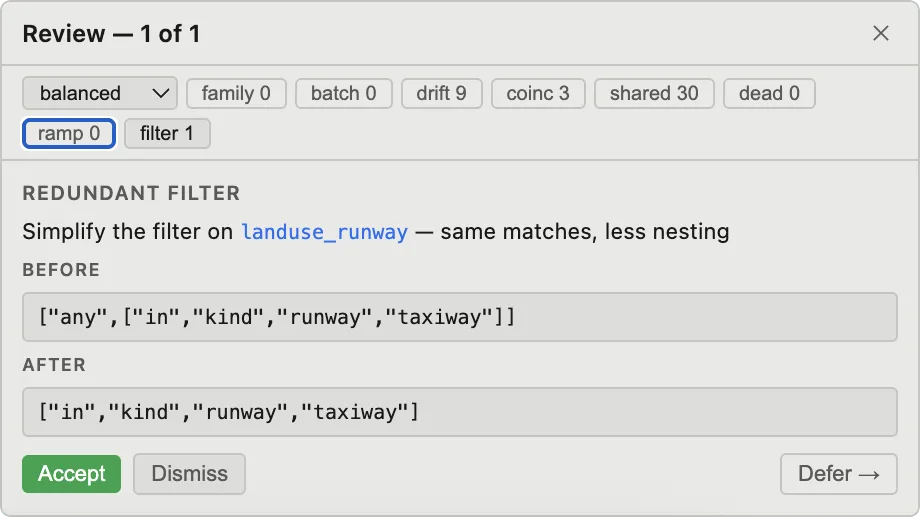 A redundant-filter proposal simplifying a nested any/in filter on landuse_runway to a plain in filter