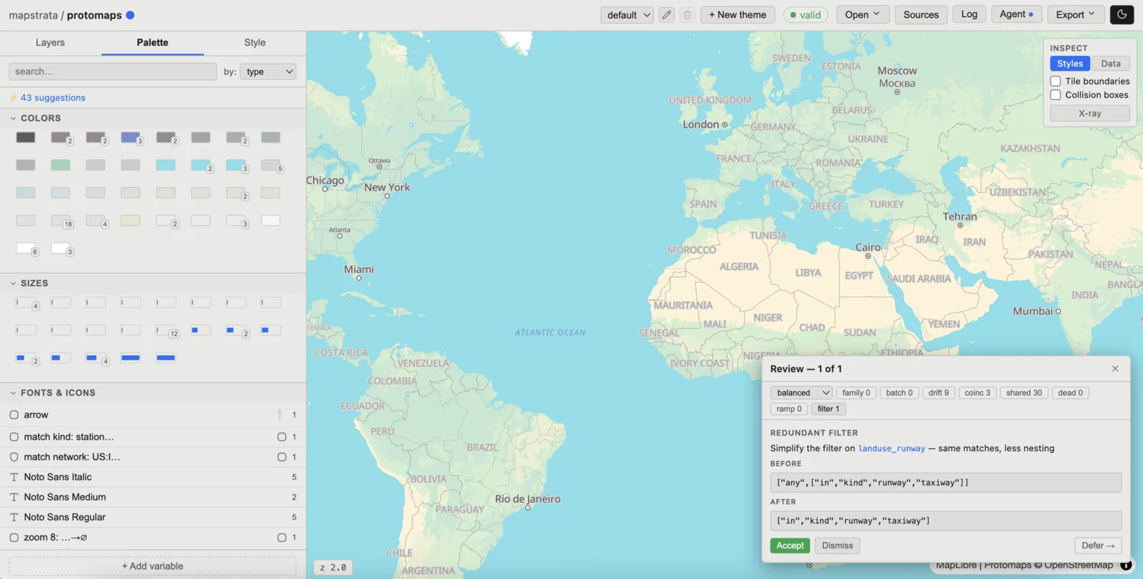The Palette tab showing 43 suggestions, with the review dialog open over the map and the heuristics listed as counted chips