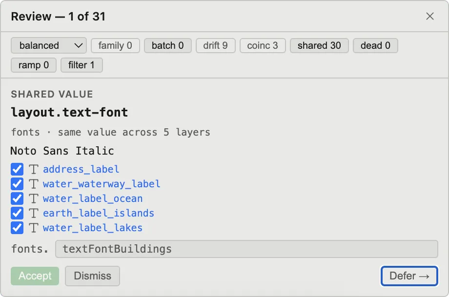 A shared-value proposal: layout.text-font set to Noto Sans Italic across five label layers, to be named textFontBuildings