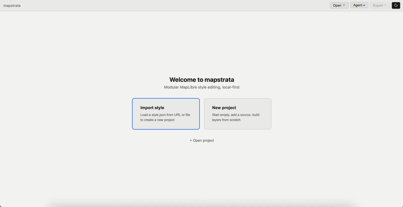 Mapstrata welcome screen with Import style and New project options