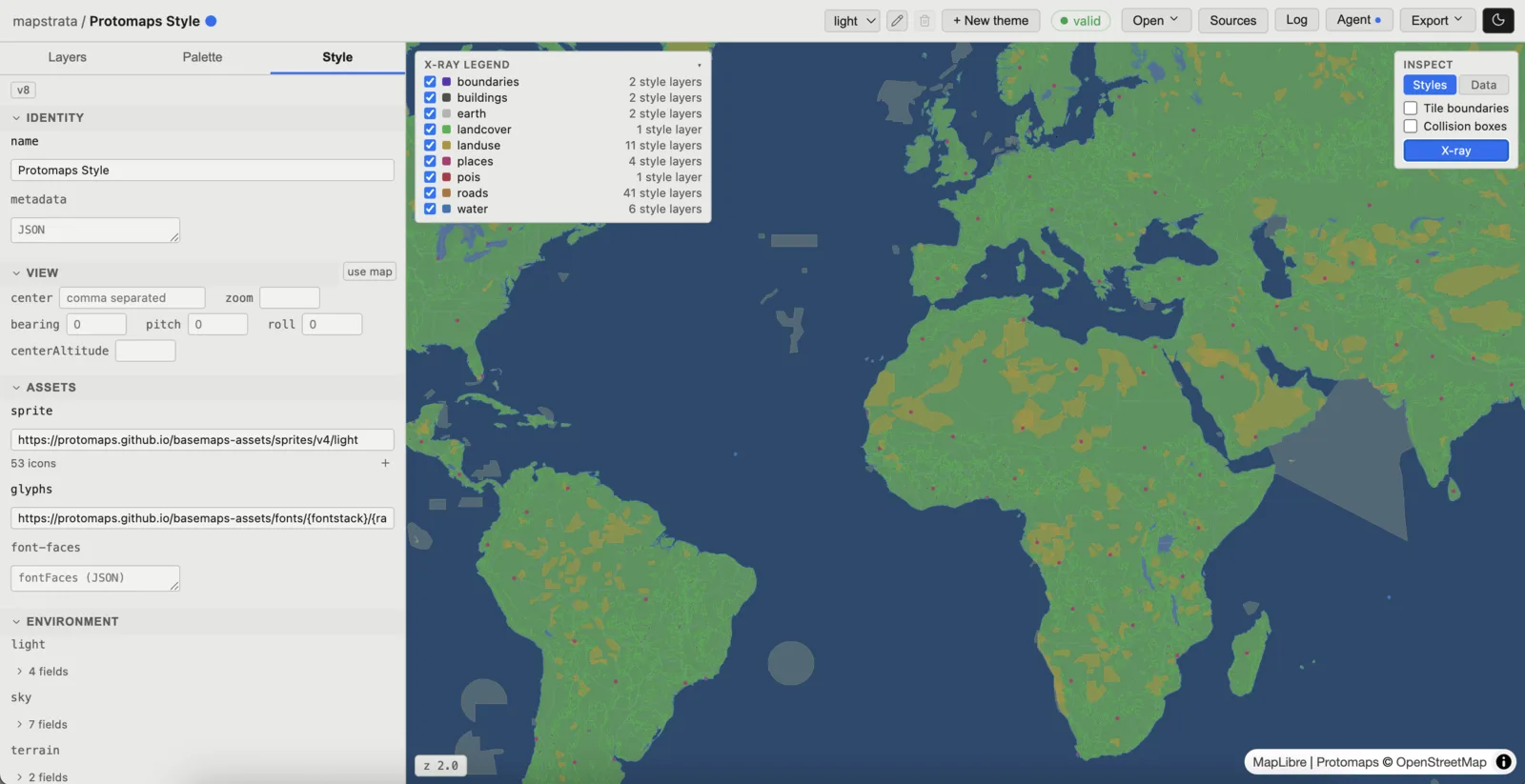 X-ray mode recoloring the map by source, with a legend counting style layers per source